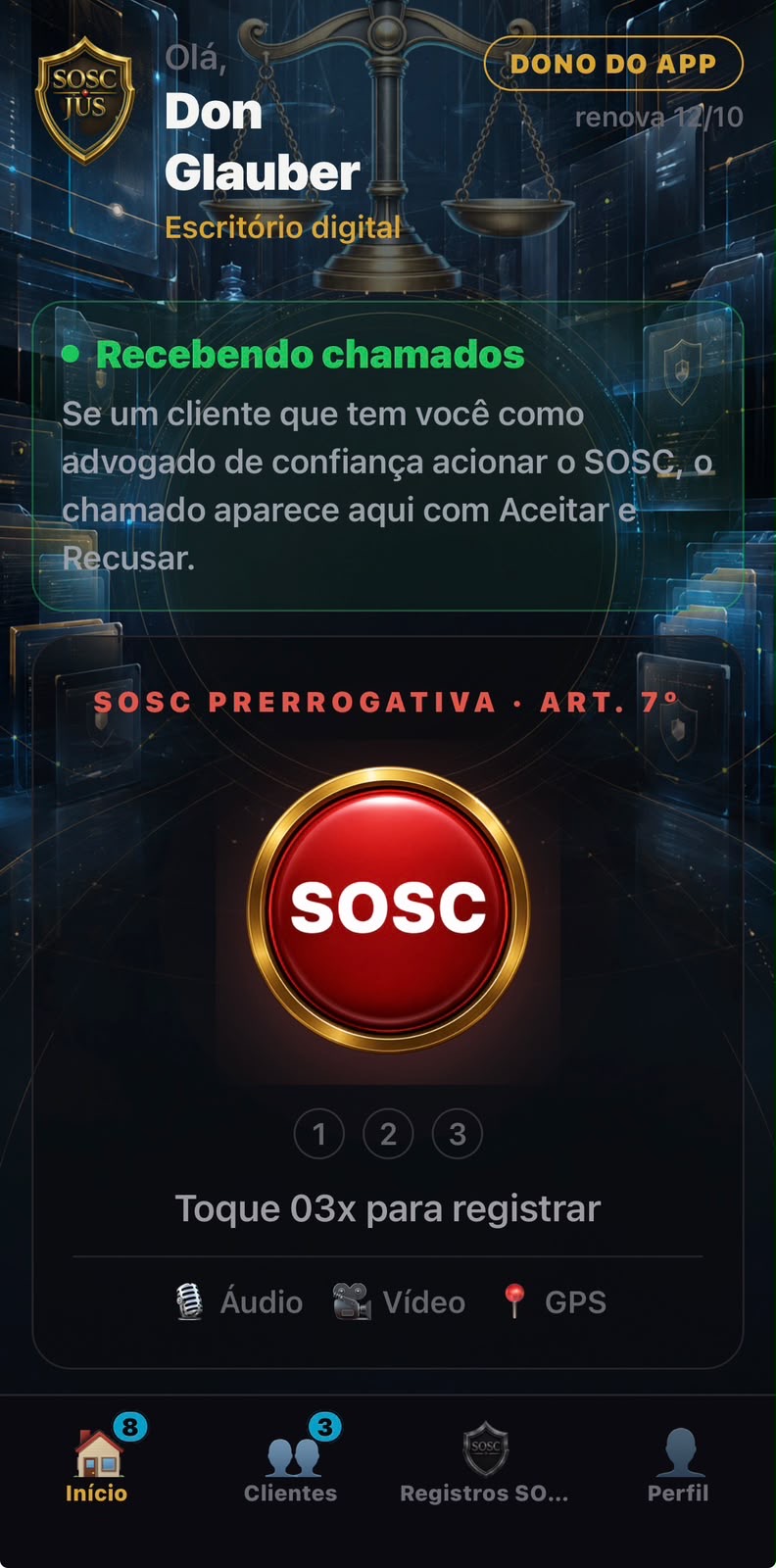 Tela do SOSC JUS com recebimento de chamados e SOSC Prerrogativa